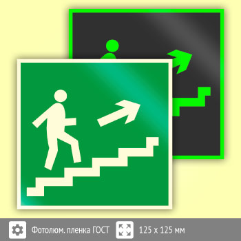 Знак E15 «Направление к эвакуационному выходу по лестнице вверх (правосторонний)» (фотолюминесцентная пленка ГОСТ 34428-2018, 125х125 мм)