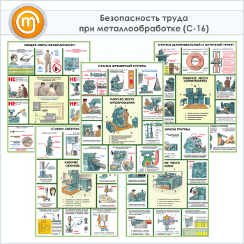 Плакат «Безопасность работ на металлообрабатывающих станках» (С-16, ламинированная бумага, А2, 5 листов)